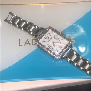 Kessaris Women's Silver Square Crystal-Trim Watch